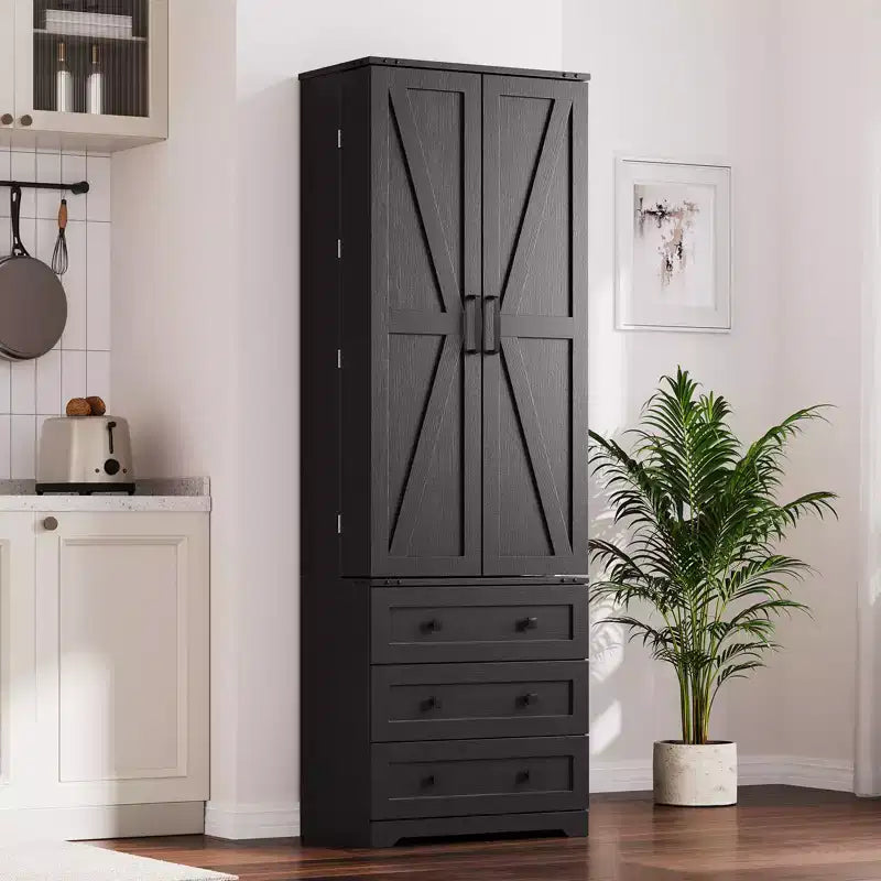 Dispensa alta da cucina da 183 cm, armadio contenitore grande indipendente con 3 cassetti e ripiani regolabili, organizer da fattoria per soggiorno e cucina