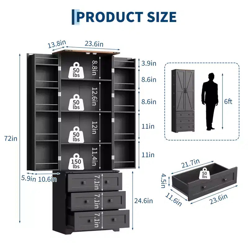 Dispensa alta da cucina da 183 cm, armadio contenitore grande indipendente con 3 cassetti e ripiani regolabili, organizer da fattoria per soggiorno e cucina