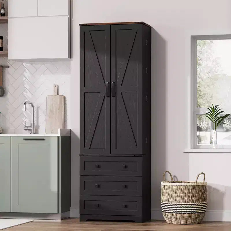 Dispensa alta da cucina da 183 cm, armadio contenitore grande indipendente con 3 cassetti e ripiani regolabili, organizer da fattoria per soggiorno e cucina