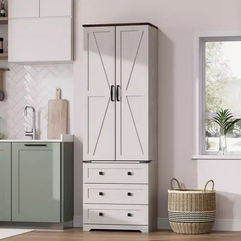 Dispensa alta da cucina da 183 cm, armadio contenitore grande indipendente con 3 cassetti e ripiani regolabili, organizer da fattoria per soggiorno e cucina