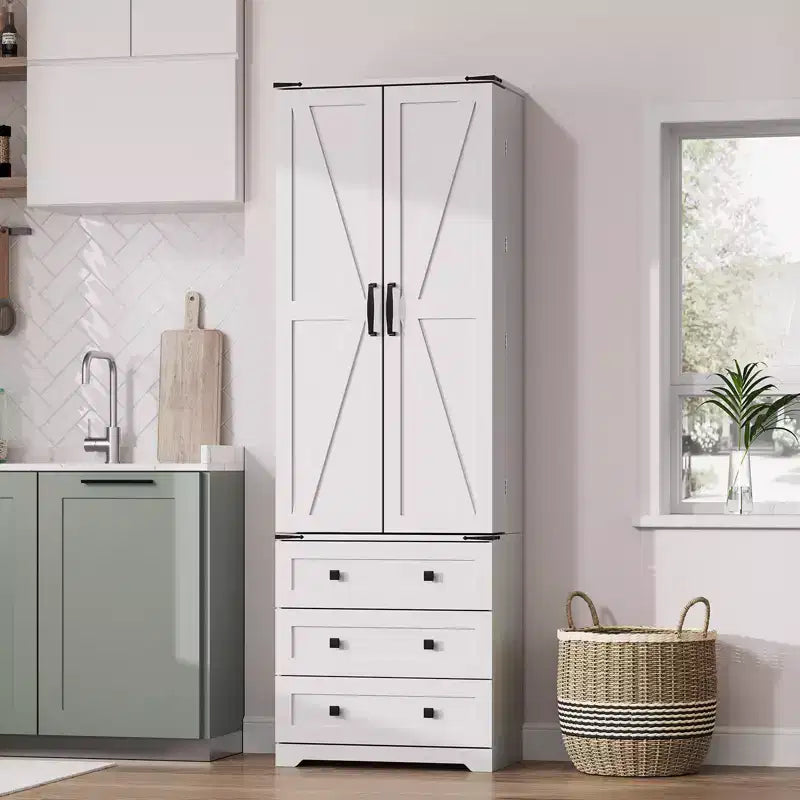 Dispensa alta da cucina da 183 cm, armadio contenitore grande indipendente con 3 cassetti e ripiani regolabili, organizer da fattoria per soggiorno e cucina