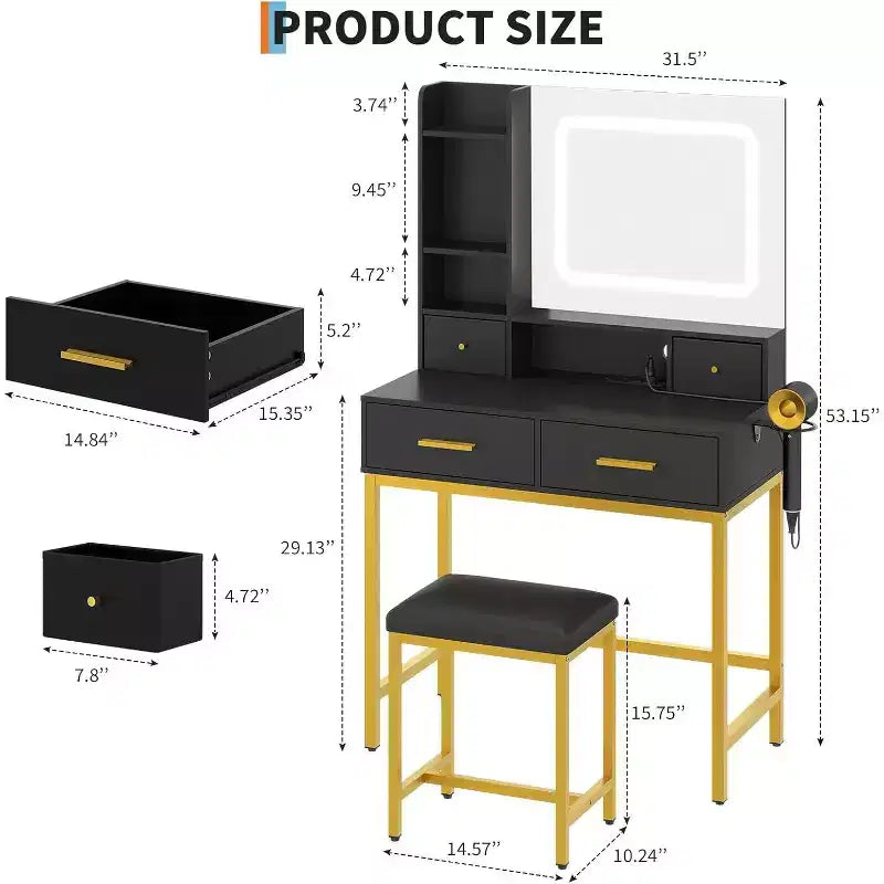 Tavolo da Trucco con Specchio LED, 3 Modalità di Illuminazione, Presa Elettrica, 4 Cassetti, Ripiani Portaoggetti e Sgabello per Camera da Letto e Soggiorno, Nero