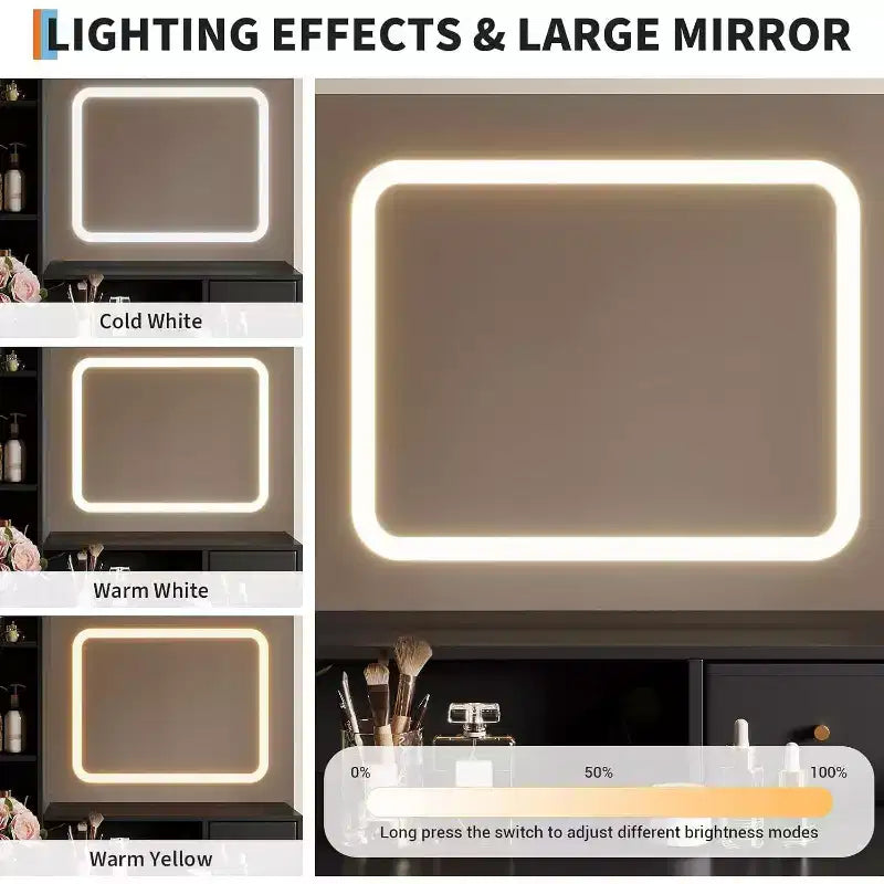 Tavolo da Trucco con Specchio LED, 3 Modalità di Illuminazione, Presa Elettrica, 4 Cassetti, Ripiani Portaoggetti e Sgabello per Camera da Letto e Soggiorno, Nero