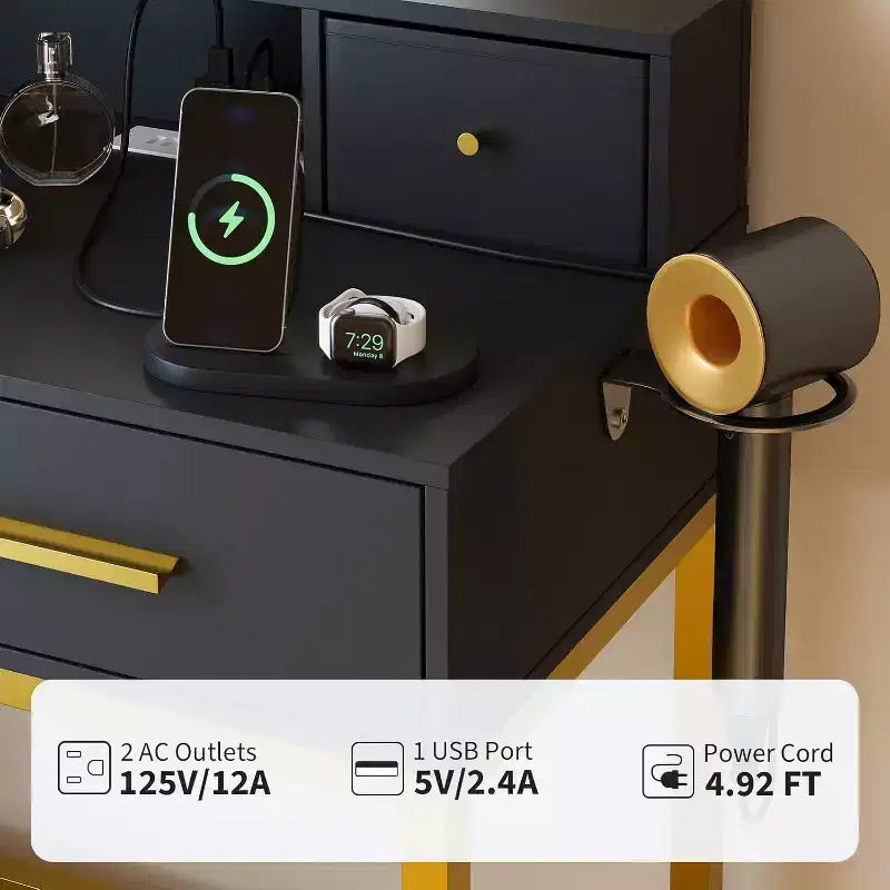 Tavolo da Trucco con Specchio LED, 3 Modalità di Illuminazione, Presa Elettrica, 4 Cassetti, Ripiani Portaoggetti e Sgabello per Camera da Letto e Soggiorno, Nero