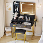 Tavolo da Trucco con Specchio LED, 3 Modalità di Illuminazione, Presa Elettrica, 4 Cassetti, Ripiani Portaoggetti e Sgabello per Camera da Letto e Soggiorno, Nero