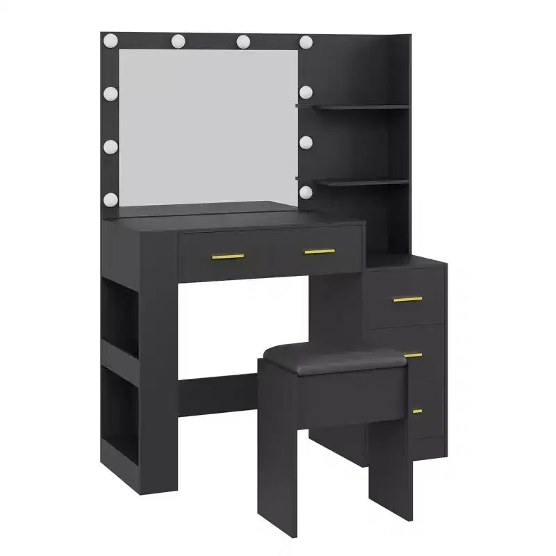 41 Vanity Desk with 10-Bulb Mirror, Built-in Outlets, 3 Lighting Modes, 5 Drawers & Cushioned Stool, Makeup Dressing Table for Bedroom