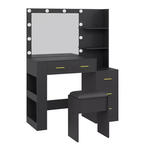 41 Vanity Desk with 10-Bulb Mirror, Built-in Outlets, 3 Lighting Modes, 5 Drawers & Cushioned Stool, Makeup Dressing Table for Bedroom