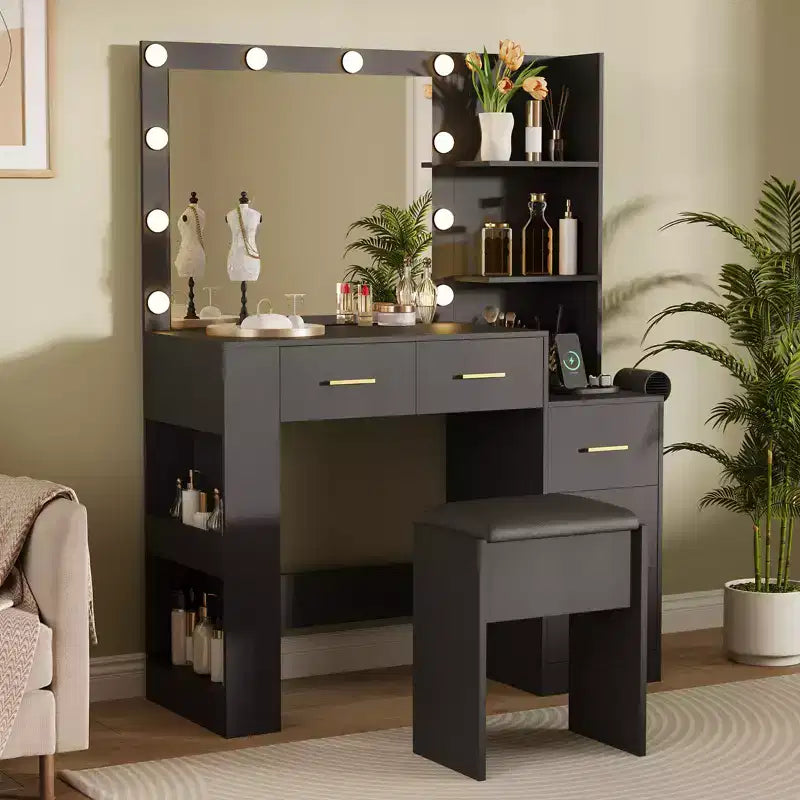 Toeletta 105 cm con specchio a 10 lampadine, prese integrate, 3 modalità di illuminazione, 5 cassetti e sgabello imbottito, tavolo da trucco per la camera da letto