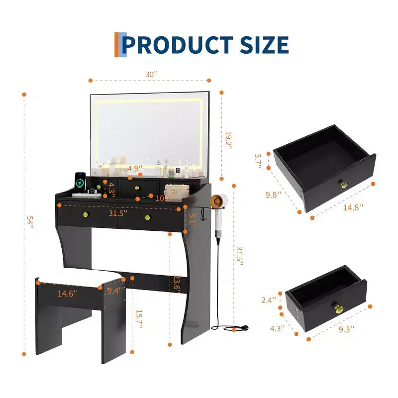 Toeletta Larga 80 cm con Sgabello Imbottito - Tavolo da Trucco con Presa Elettrica, Porta Phon e 5 Cassetti