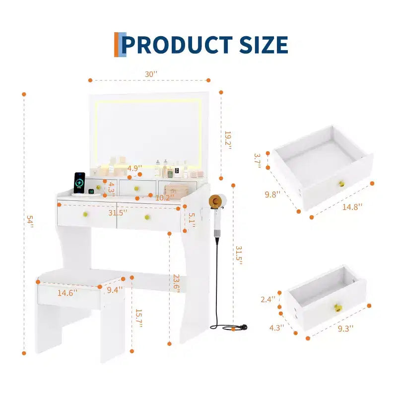 Toeletta Larga 80 cm con Sgabello Imbottito - Tavolo da Trucco con Presa Elettrica, Porta Phon e 5 Cassetti