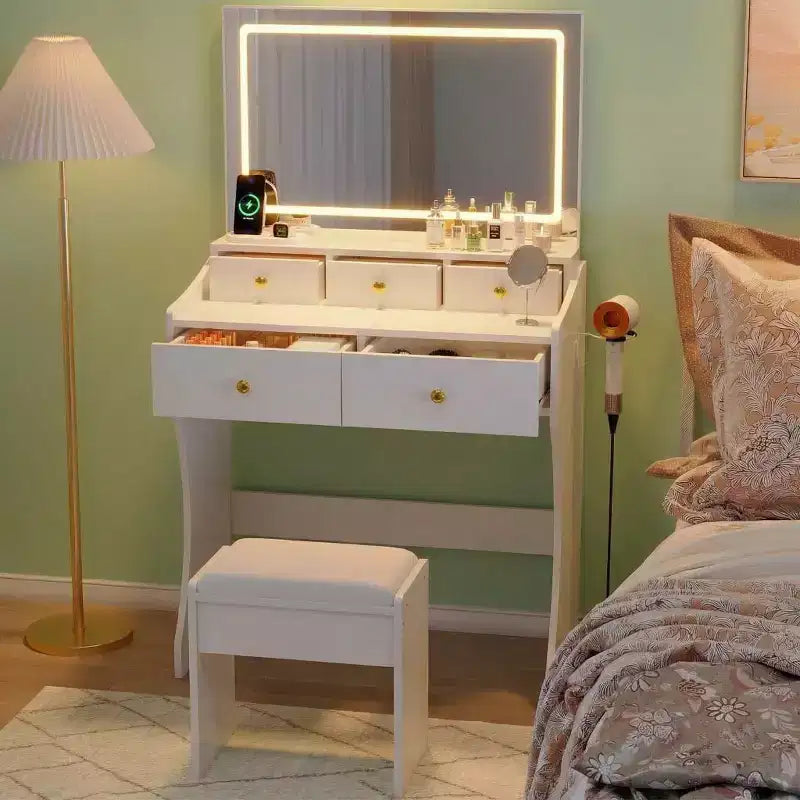 Toeletta Larga 80 cm con Sgabello Imbottito - Tavolo da Trucco con Presa Elettrica, Porta Phon e 5 Cassetti