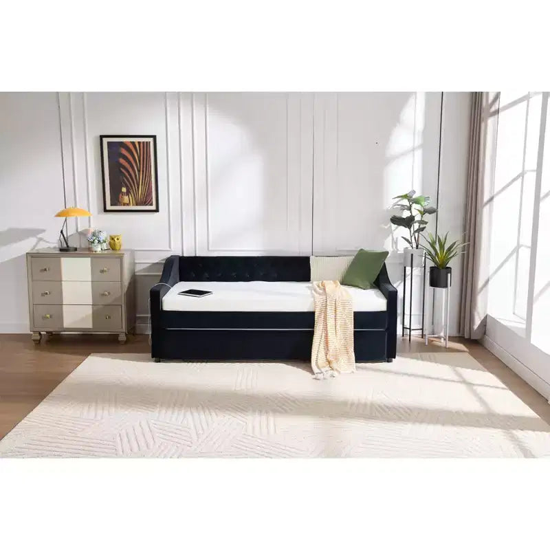 Divano Letto Singolo con Letto Estraibile, Divano Letto in Velluto, Porta USB, Tasche Laterali, Schienale Trapuntato