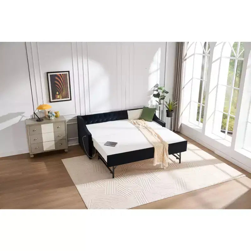 Divano Letto Singolo con Letto Estraibile, Divano Letto in Velluto, Porta USB, Tasche Laterali, Schienale Trapuntato