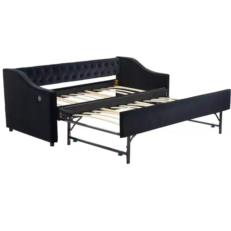 Divano Letto Singolo con Letto Estraibile, Divano Letto in Velluto, Porta USB, Tasche Laterali, Schienale Trapuntato