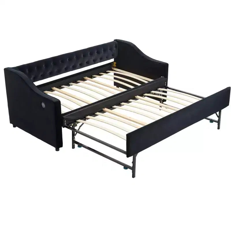 Divano Letto Singolo con Letto Estraibile, Divano Letto in Velluto, Porta USB, Tasche Laterali, Schienale Trapuntato