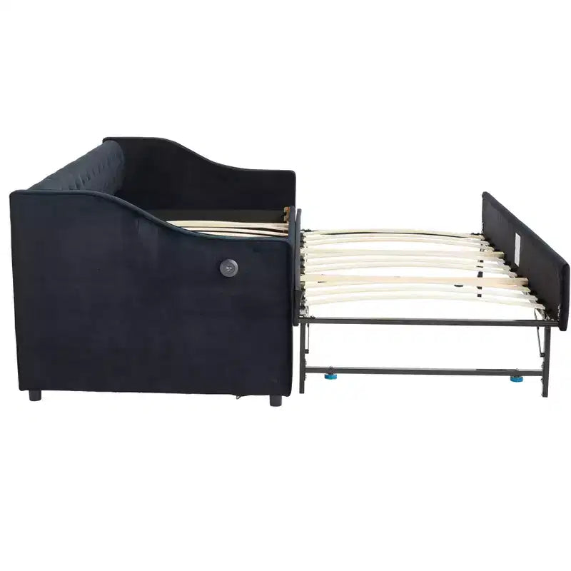 Divano Letto Singolo con Letto Estraibile, Divano Letto in Velluto, Porta USB, Tasche Laterali, Schienale Trapuntato