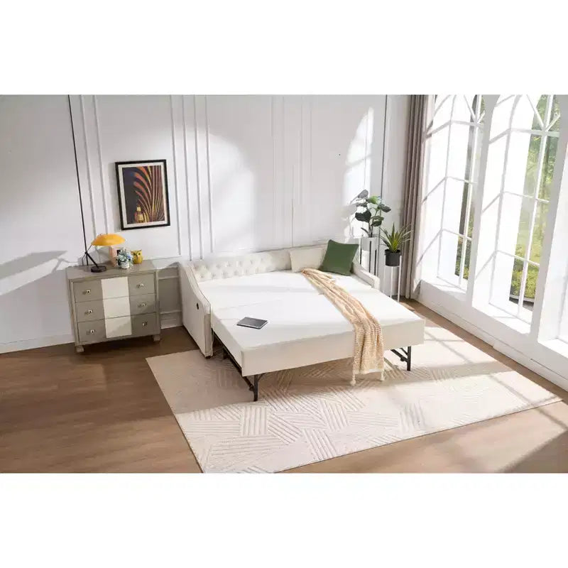 Divano Letto Singolo con Letto Estraibile, Divano Letto in Velluto, Porta USB, Tasche Laterali, Schienale Trapuntato