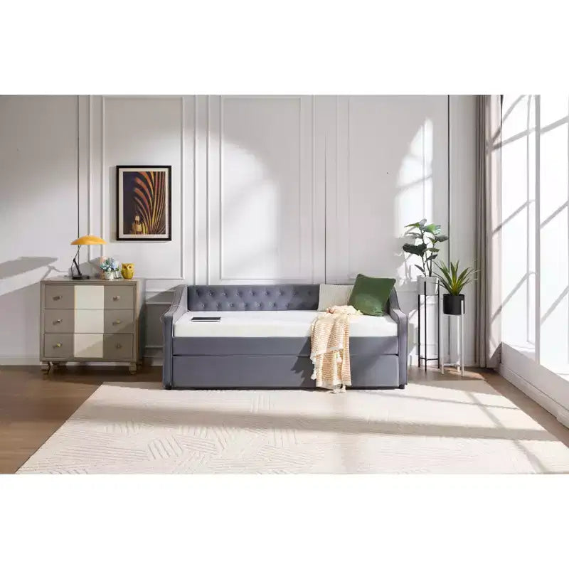 Divano Letto Singolo con Letto Estraibile, Divano Letto in Velluto, Porta USB, Tasche Laterali, Schienale Trapuntato