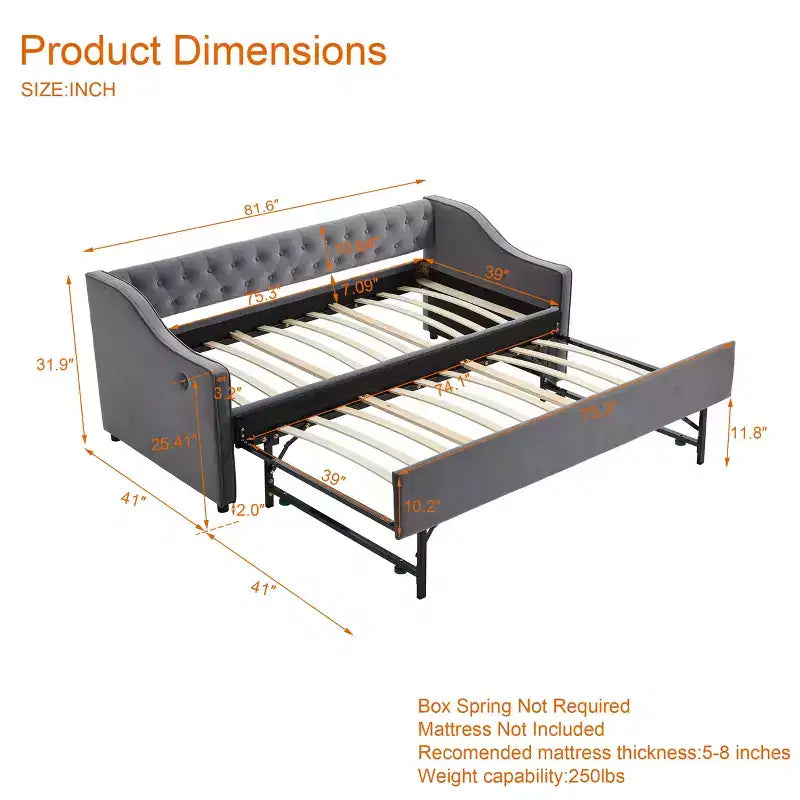 Divano Letto Singolo con Letto Estraibile, Divano Letto in Velluto, Porta USB, Tasche Laterali, Schienale Trapuntato