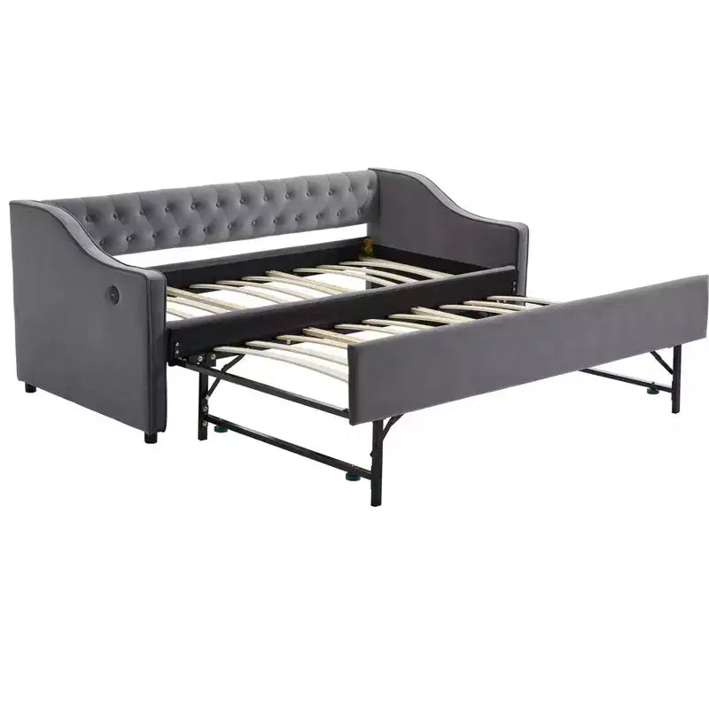 Divano Letto Singolo con Letto Estraibile, Divano Letto in Velluto, Porta USB, Tasche Laterali, Schienale Trapuntato