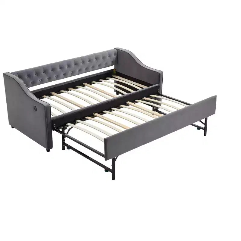Divano Letto Singolo con Letto Estraibile, Divano Letto in Velluto, Porta USB, Tasche Laterali, Schienale Trapuntato