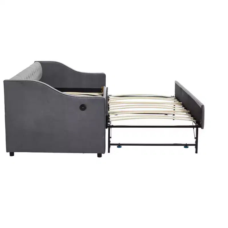 Divano Letto Singolo con Letto Estraibile, Divano Letto in Velluto, Porta USB, Tasche Laterali, Schienale Trapuntato