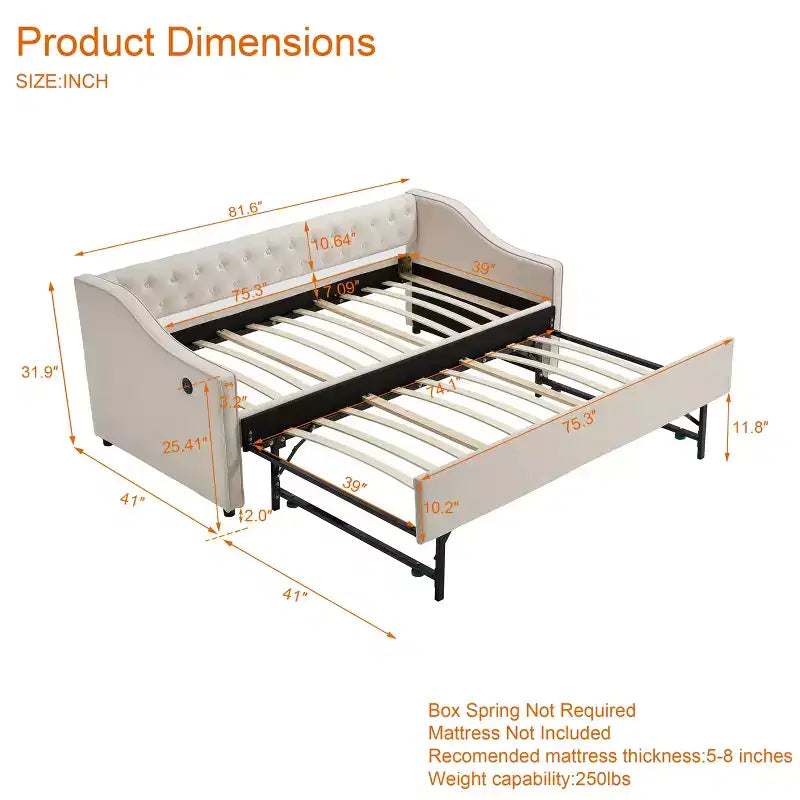 Divano Letto Singolo con Letto Estraibile, Divano Letto in Velluto, Porta USB, Tasche Laterali, Schienale Trapuntato