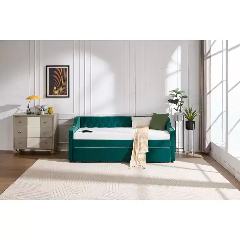 Divano Letto Singolo con Letto Estraibile, Divano Letto in Velluto, Porta USB, Tasche Laterali, Schienale Trapuntato