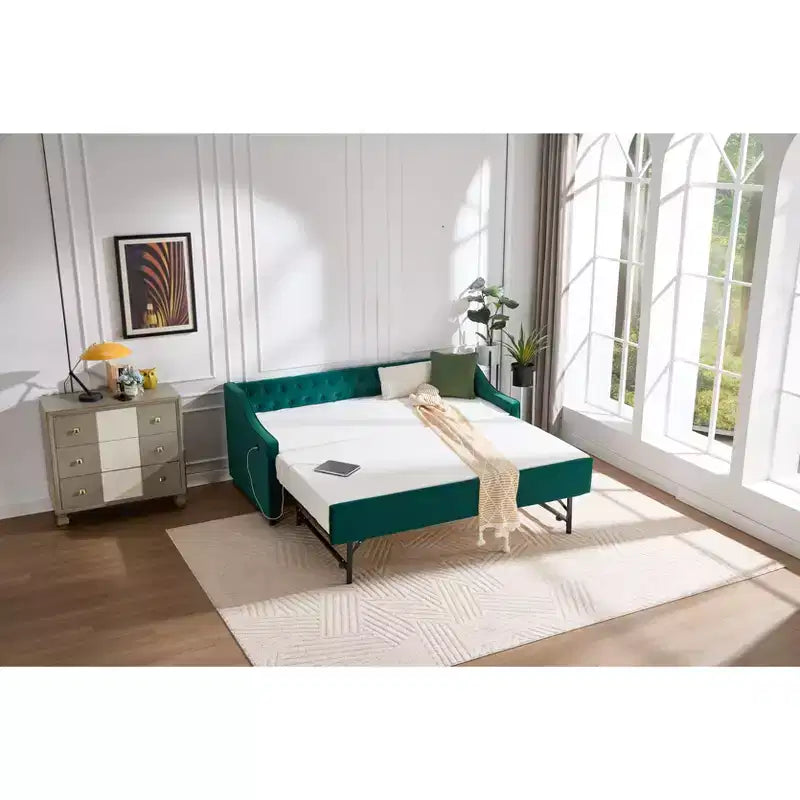Divano Letto Singolo con Letto Estraibile, Divano Letto in Velluto, Porta USB, Tasche Laterali, Schienale Trapuntato