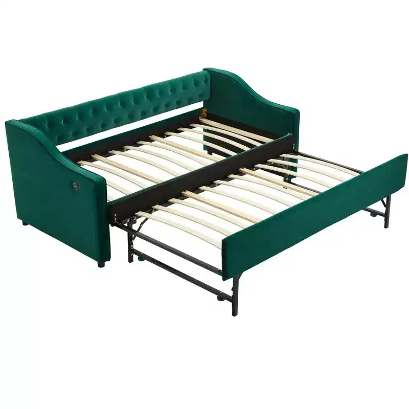 Divano Letto Singolo con Letto Estraibile, Divano Letto in Velluto, Porta USB, Tasche Laterali, Schienale Trapuntato