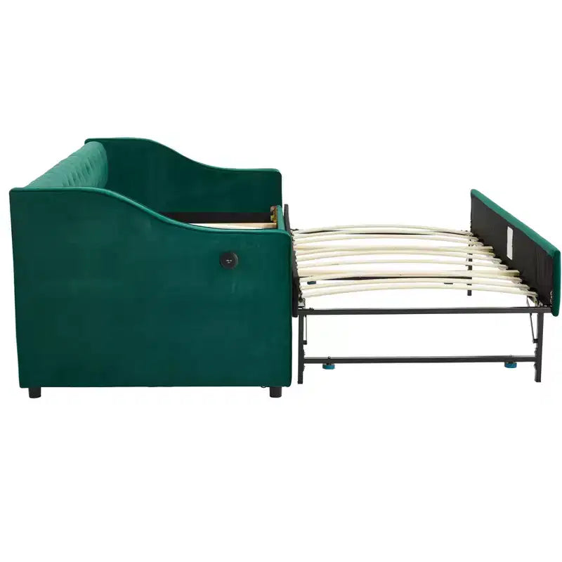 Divano Letto Singolo con Letto Estraibile, Divano Letto in Velluto, Porta USB, Tasche Laterali, Schienale Trapuntato