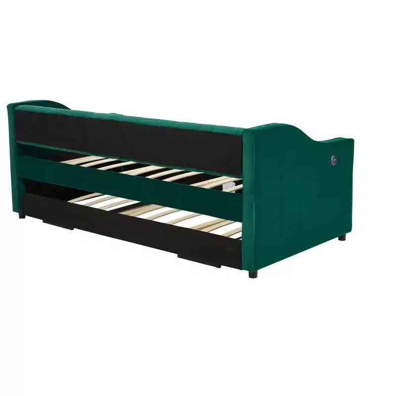 Divano Letto Singolo con Letto Estraibile, Divano Letto in Velluto, Porta USB, Tasche Laterali, Schienale Trapuntato
