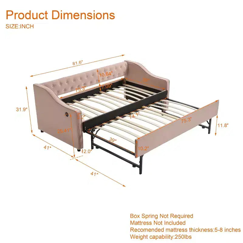 Divano Letto Singolo con Letto Estraibile, Divano Letto in Velluto, Porta USB, Tasche Laterali, Schienale Trapuntato