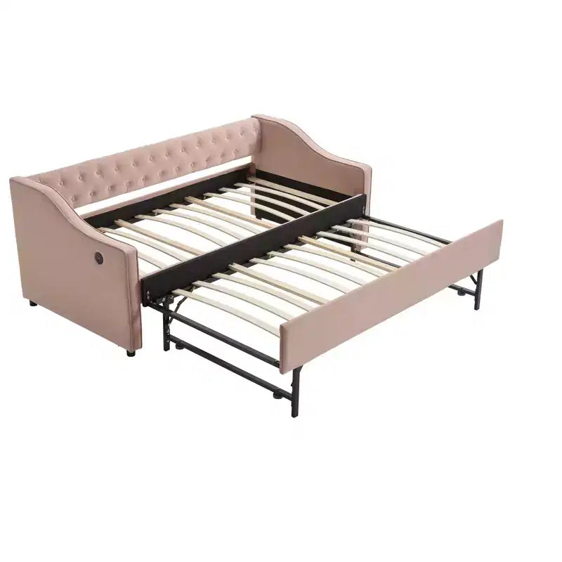 Divano Letto Singolo con Letto Estraibile, Divano Letto in Velluto, Porta USB, Tasche Laterali, Schienale Trapuntato