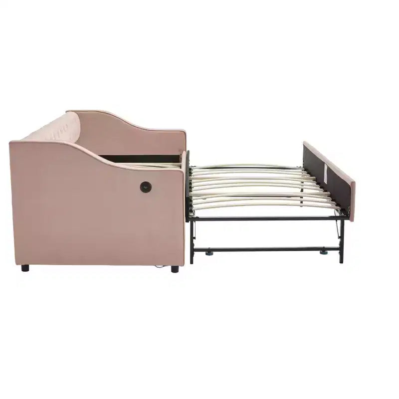 Divano Letto Singolo con Letto Estraibile, Divano Letto in Velluto, Porta USB, Tasche Laterali, Schienale Trapuntato