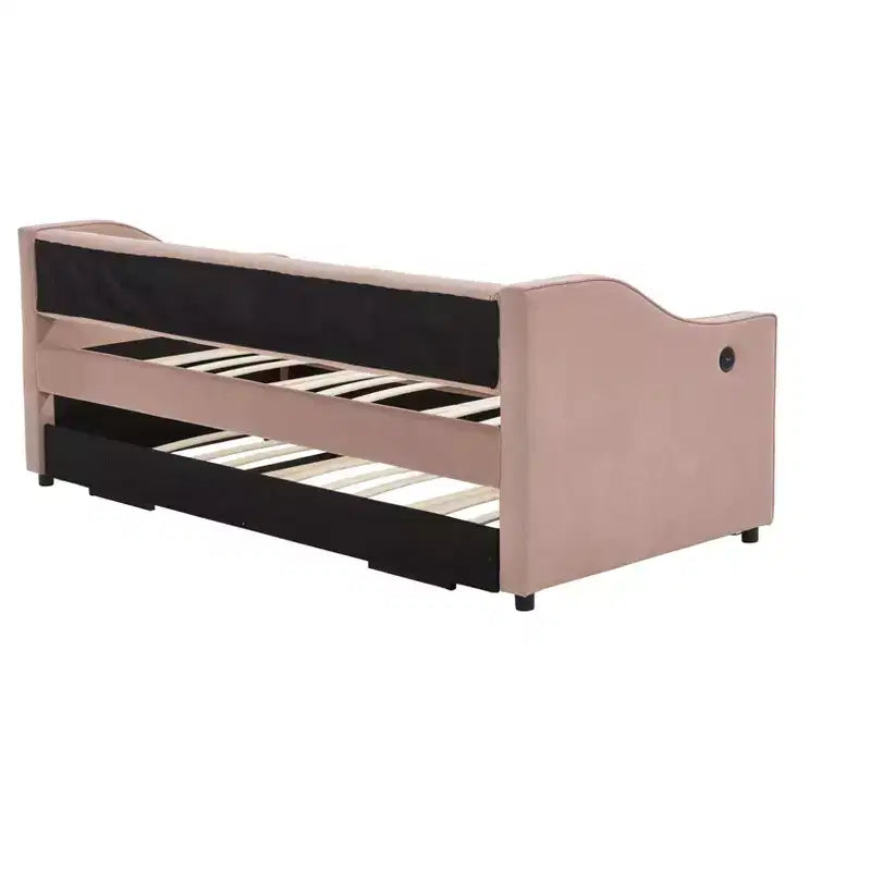 Divano Letto Singolo con Letto Estraibile, Divano Letto in Velluto, Porta USB, Tasche Laterali, Schienale Trapuntato