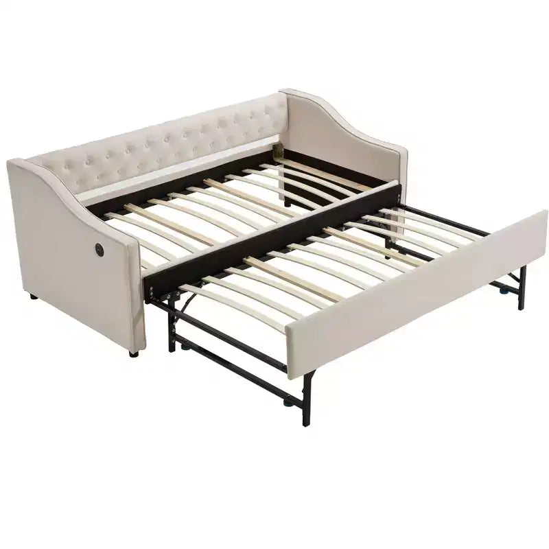 Divano Letto Singolo con Letto Estraibile, Divano Letto in Velluto, Porta USB, Tasche Laterali, Schienale Trapuntato