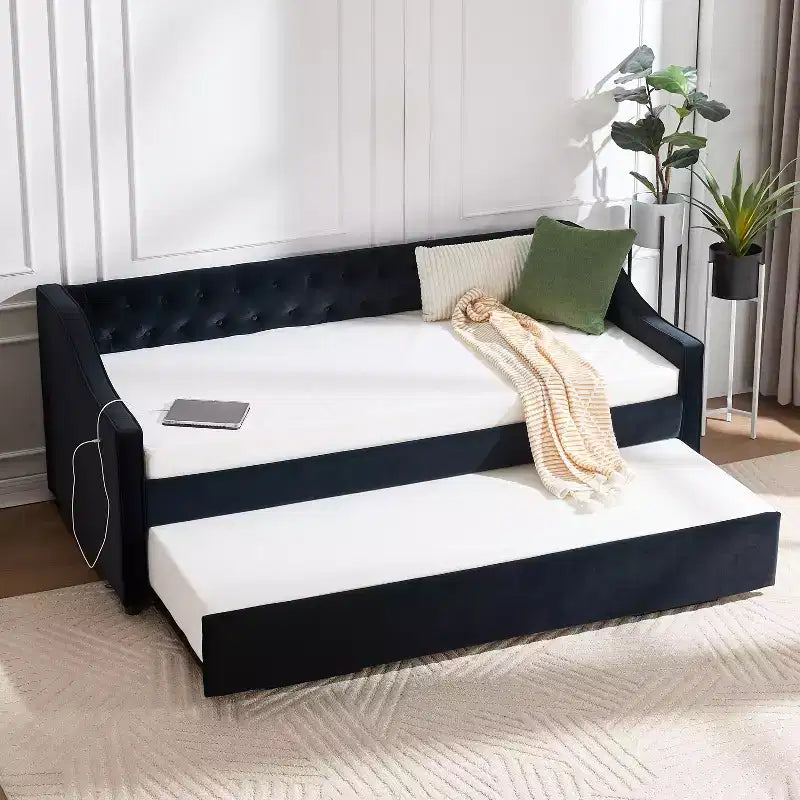 Divano Letto Singolo con Letto Estraibile, Divano Letto in Velluto, Porta USB, Tasche Laterali, Schienale Trapuntato