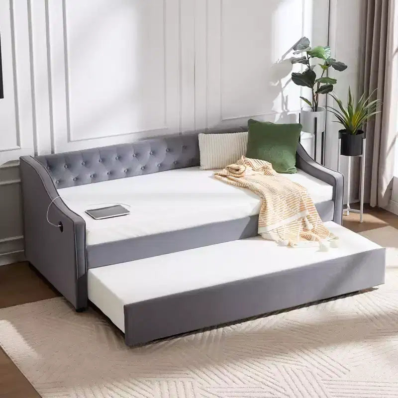Divano Letto Singolo con Letto Estraibile, Divano Letto in Velluto, Porta USB, Tasche Laterali, Schienale Trapuntato