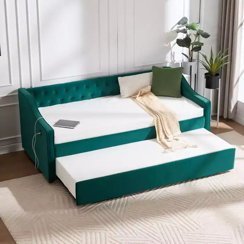 Divano Letto Singolo con Letto Estraibile, Divano Letto in Velluto, Porta USB, Tasche Laterali, Schienale Trapuntato