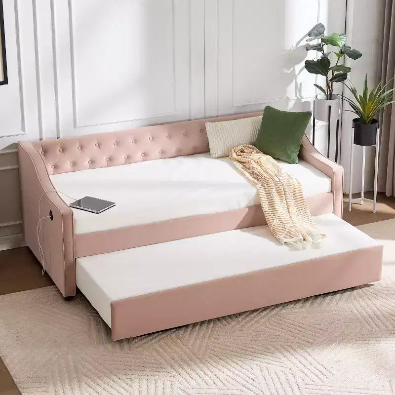 Divano Letto Singolo con Letto Estraibile, Divano Letto in Velluto, Porta USB, Tasche Laterali, Schienale Trapuntato