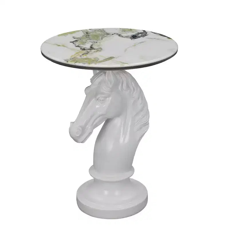 Tavolino d'appoggio con testa di cavallo bianco, Tavolino da divano con statua di animale per soggiorno