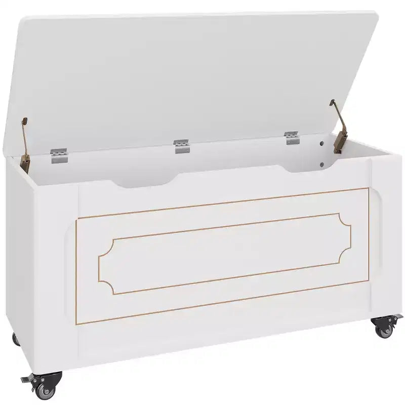 Modern Wooden Entryway Storage Bench with Wheels Lift-Top Chest, 2 Safety Hinges, Rounded Corners, 350 lbs Capacity, Shoe and Blanket Trunk, White