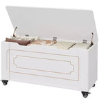 Panca contenitore moderna da ingresso in legno con ruote, cassapanca apribile, 2 cerniere di sicurezza, angoli arrotondati, capacità 158 kg, porta scarpe e coperte, bianco