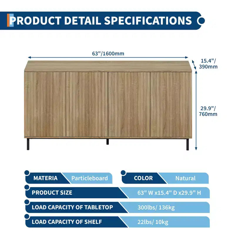 Madia Credenza con 4 Ante, Armadietto Moderno Scanalato da 160 cm per Caffè Bar, Consolle con Ripiani Regolabili, Rovere