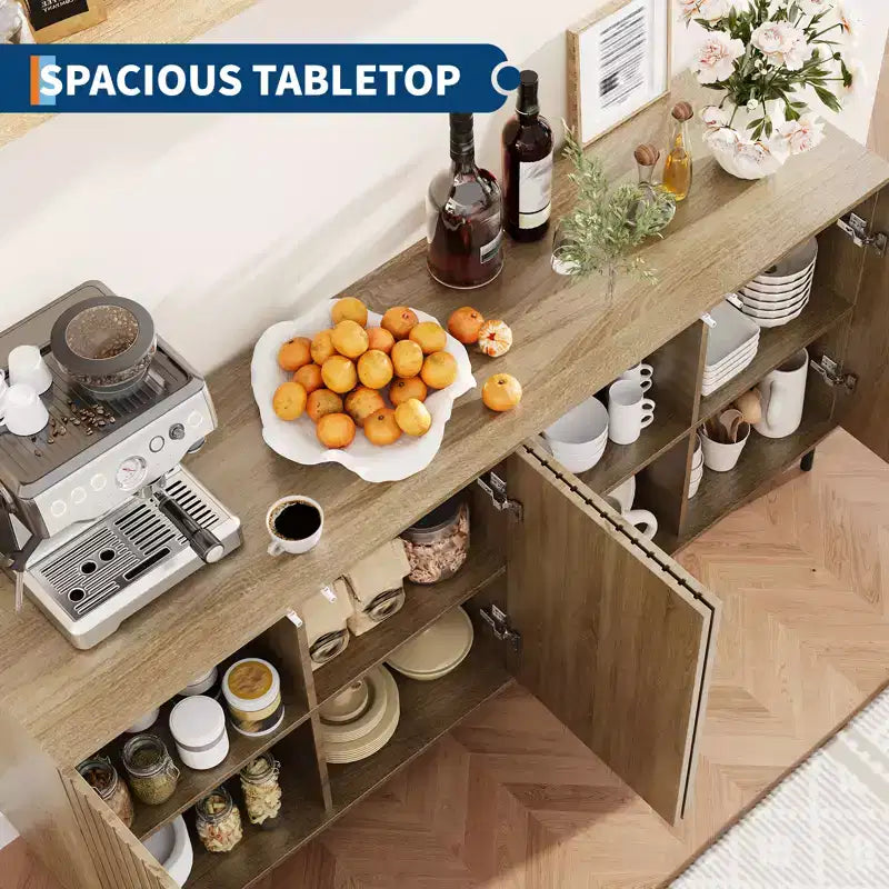 Madia Credenza con 4 Ante, Armadietto Moderno Scanalato da 160 cm per Caffè Bar, Consolle con Ripiani Regolabili, Rovere