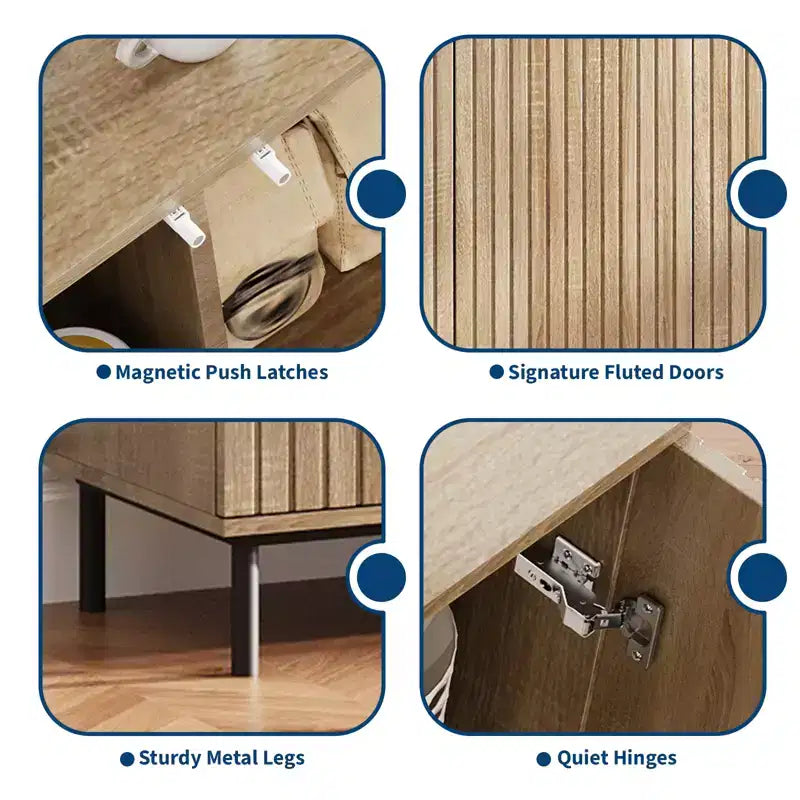 Madia Credenza con 4 Ante, Armadietto Moderno Scanalato da 160 cm per Caffè Bar, Consolle con Ripiani Regolabili, Rovere