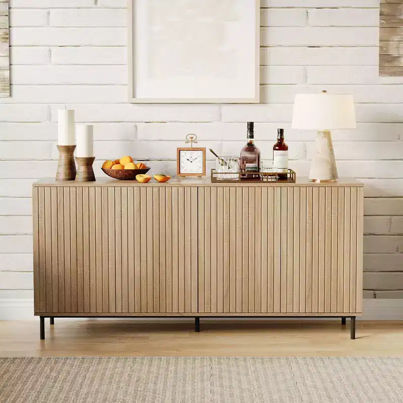 Madia Credenza con 4 Ante, Armadietto Moderno Scanalato da 160 cm per Caffè Bar, Consolle con Ripiani Regolabili, Rovere