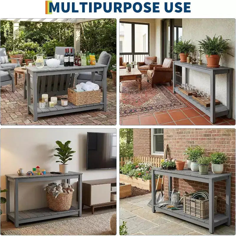 Tavolo Consolle a 2 Ripiani da 48 Pollici, Piedino Regolabile, Organizzatore per Bar in Legno, per Patio, Portico, Cortile, Giardino