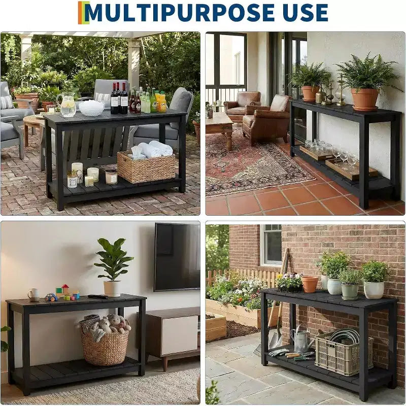 Tavolo Consolle a 2 Ripiani da 48 Pollici, Piedino Regolabile, Organizzatore per Bar in Legno, per Patio, Portico, Cortile, Giardino
